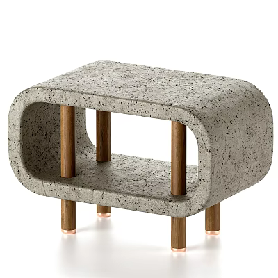 Modern Minimalist Concrete Bedside Table With Open Shelf Textured Surface And Wooden Legs Brass Bases 3d model