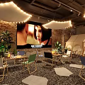 Cozy Indoor Camping Themed Café With Projector Screen And String Lights 3d model