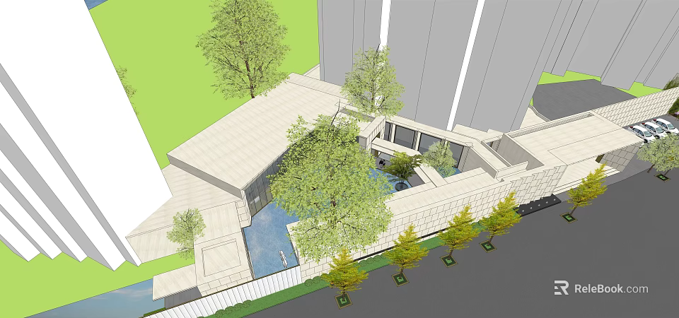 Modern Sales Office Building with Green Plants Water Feature and Lined Trees 3d model 