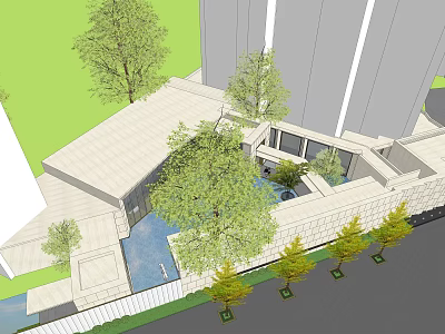 Modern Sales Office Building with Green Plants Water Feature and Lined Trees 3d model