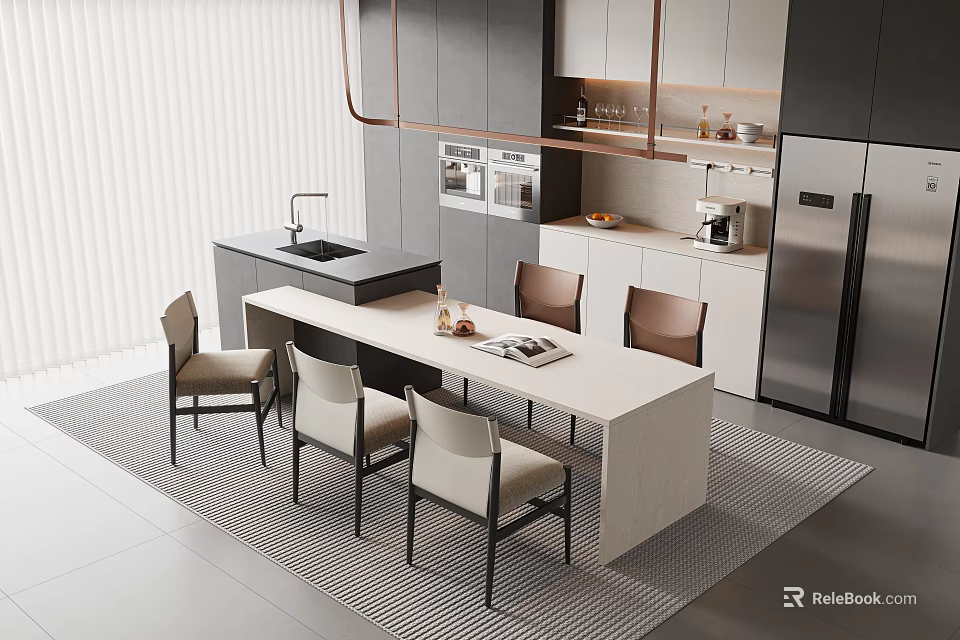 Modern Restaurant Open Kitchen With Island Counter Dining Table Gray Cabinets And Chairs 3d model