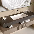Modern Bathroom Vanity With Marble Countertop White Sink Black Faucet Round Backlit Mirror Green Plant