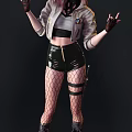 Pink Haired Woman Wearing White Jacket Black Leather Shorts Fishnet Stockings And Making V Sign With Gloves