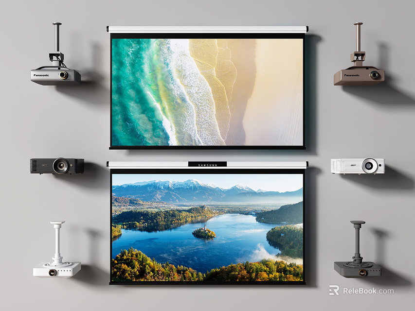 Wall Mounted Projection Monitoring Setup With Screens Projectors And Security Cameras 3d model 