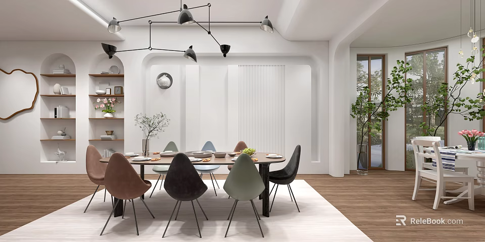 Modern Restaurant Interior Design With Dining Table Colorful Chairs Pendant Lights And Indoor Plant 3d model 