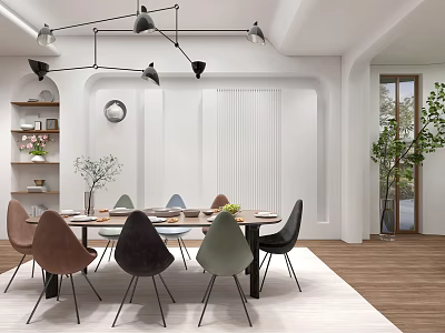 Modern Restaurant Interior Design With Dining Table Colorful Chairs Pendant Lights And Indoor Plant 3d model