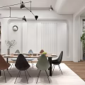 Modern Restaurant Interior Design With Dining Table Colorful Chairs Pendant Lights And Indoor Plant