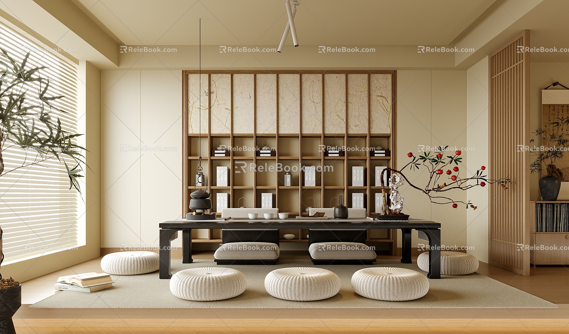 New Chinese Tatami Tea Room Stool Cushion Tea Cabinet 3d model