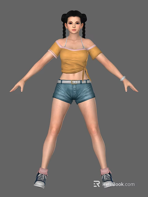 Woman In Yellow Crop Top And Blue Denim Shorts With Belt And Bracelet Arms Outstretched 3d model 