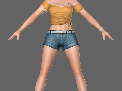 Woman In Yellow Crop Top And Blue Denim Shorts With Belt And Bracelet Arms Outstretched 3d model