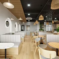 Modern Open Café With Green Plants Wooden Furniture Gray Sofas Round Tables And Pendant Lights