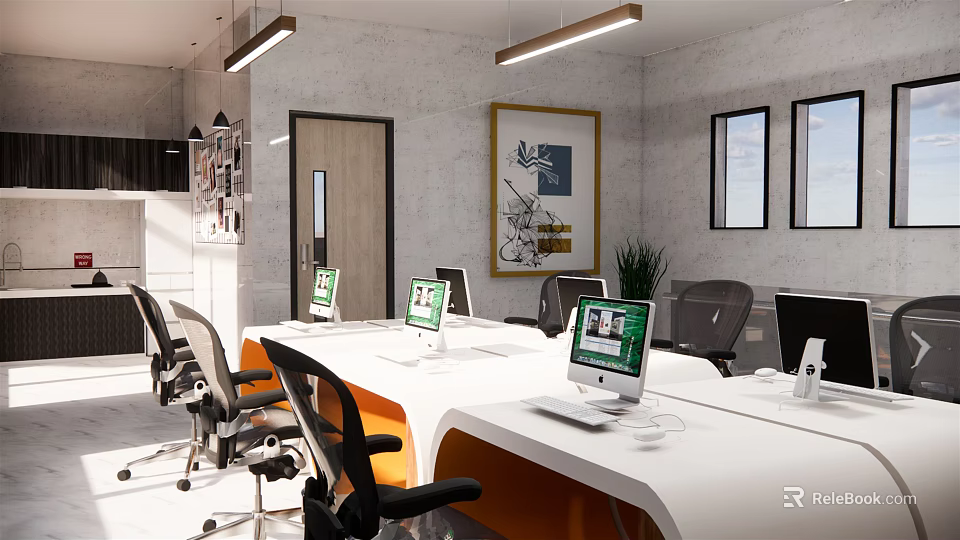 Modern Public Office Space With White Desks Computer Monitors Office Chairs And Decorative Paintings 3d model 