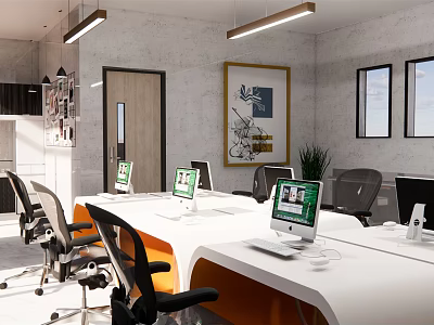 Modern Public Office Space With White Desks Computer Monitors Office Chairs And Decorative Paintings 3d model