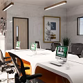 Modern Public Office Space With White Desks Computer Monitors Office Chairs And Decorative Paintings