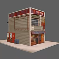 Japanese Style Shop Model With Red Roof Red Vending Machines Blue Trashcan Japanese Sign