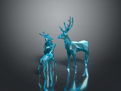 Modern Geometric Blue Deer Sculptures Large And Small On Reflective Dark Background 3d model