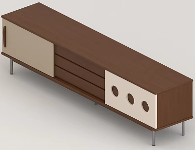 Modern TV Stand With Brown Wood And Beige Panels Metal Legs And Round Cutouts 3d model