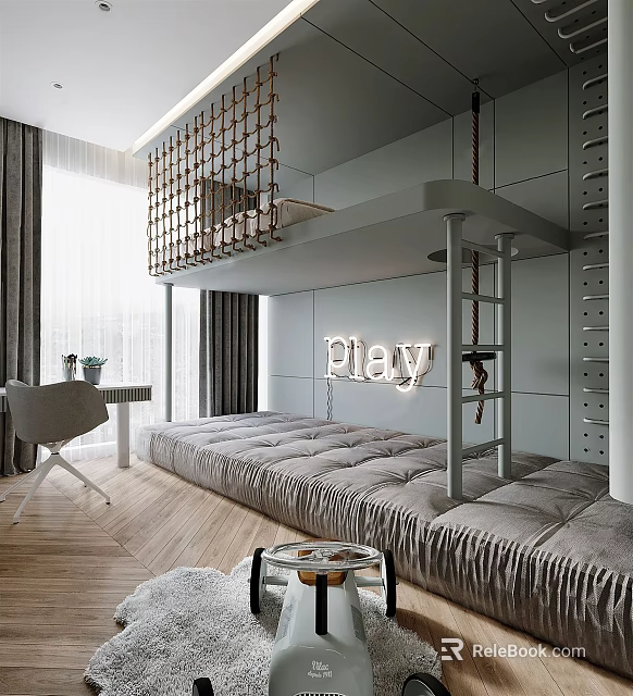 Modern Kids Room Interior With Bunk Bed Ladder Play Sign Desk Chair And Cozy Rug 3d model 
