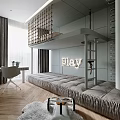 Modern Kids Room Interior With Bunk Bed Ladder Play Sign Desk Chair And Cozy Rug