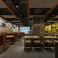 Vibrant Seafood Restaurant Interior With Yellow Walls Green Pendant Lights And Fish Tanks