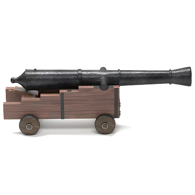 Black Old Vintage Cannon Mounted On Wooden Carriage With Wheels 3d model
