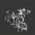Botanical Structure With White Branches Green Particles And Large Green Sphere On Gray Background