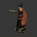 Man in Ancient Golden Decorated Armor With Red Cape Holding Long Sword and Topknot