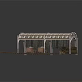 Vintage Covered Railway Station Platform With Striped Canopy Rail Tracks And Wooden Log Carts