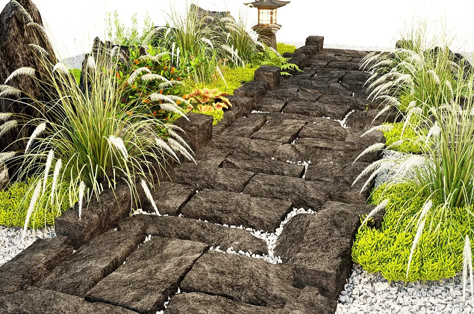 Japanese Garden Stone Path With Lush Green Plants And Traditional Lantern 3d model 