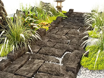 Japanese Garden Stone Path With Lush Green Plants And Traditional Lantern 3d model