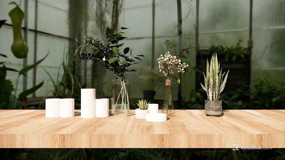 Natural Decorative Ornament Set With Green Plants White Candles And Glass Vases On Wooden Table 3d model 