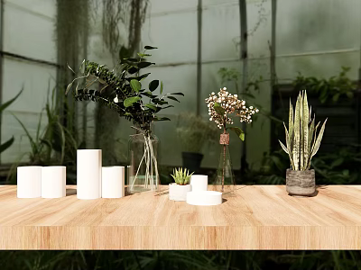 Natural Decorative Ornament Set With Green Plants White Candles And Glass Vases On Wooden Table 3d model