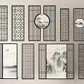Traditional Chinese Screens with Geometric Patterns and Landscape Paintings Circular and Rectangular Home Decor 3d model