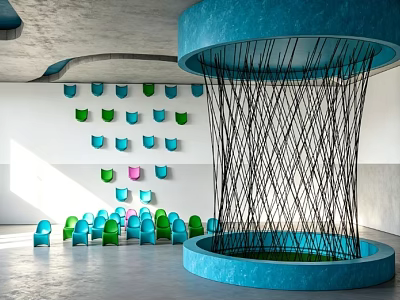 Indoor Art Installation Featuring Blue Circular Structure Black Woven Lines Colorful Chairs And Wall Decorations 3d model