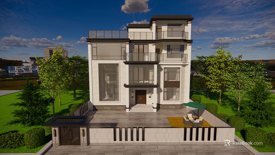 Modern Detached Villa With Large Windows Balconies Front Yard Lawn And Outdoor Seating 3d model 