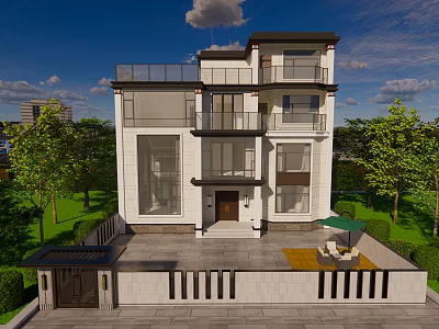 Modern Detached Villa With Large Windows Balconies Front Yard Lawn And Outdoor Seating 3d model
