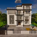 Modern Detached Villa With Large Windows Balconies Front Yard Lawn And Outdoor Seating