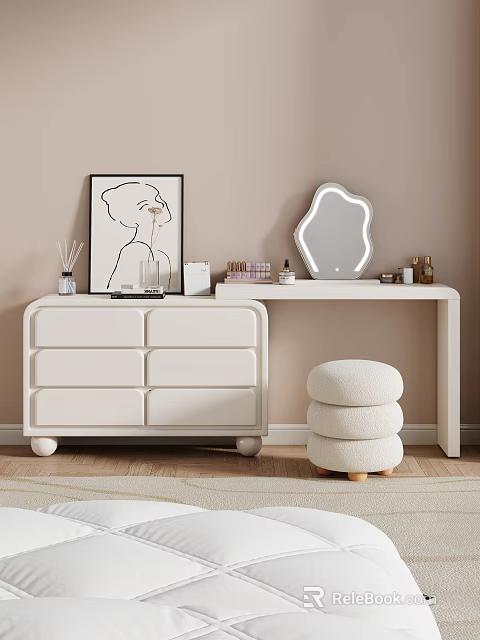 White Dressing Table with Drawers LED Mirror Cosmetics Decorative Painting and Round Stool 3d model