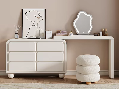 White Dressing Table with Drawers LED Mirror Cosmetics Decorative Painting and Round Stool 3d model