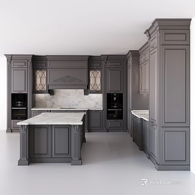 Dark Gray Classical Kitchen Cabinets With Carved Details Glass Doors And Marble Island 3d model 