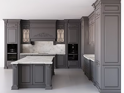 Dark Gray Classical Kitchen Cabinets With Carved Details Glass Doors And Marble Island 3d model