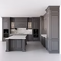 Dark Gray Classical Kitchen Cabinets With Carved Details Glass Doors And Marble Island