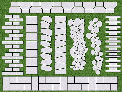 Stepping Stones With Various Designs And Stone Slabs On Green Grass Pathway 3d model
