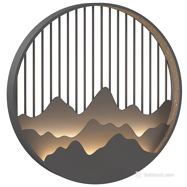 Modern Circular Wall Decor with Vertical Slats Mountain Pattern and Warm Lighting 3d model