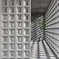 Modern Geometric Concrete Partition Structure With Circular Square Openings And Green Plants 3d model