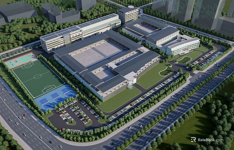 Modern Large Industrial Factory Complex Layout With Green Areas Parking Lots And Roads 3d model 