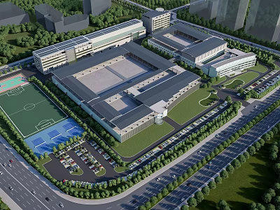 Modern Large Industrial Factory Complex Layout With Green Areas Parking Lots And Roads 3d model