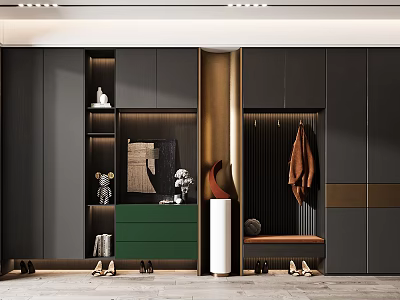 Modern Shoe Cabinet Interior With Black Cabinetry Gold Accents Green Drawer And Clothing Hanger 3d model