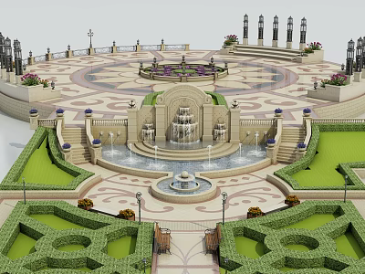 Ornate Park Landscape With Central Fountain Symmetrical Gardens And Decorative Lamp Posts 3d model