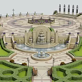 Ornate Park Landscape With Central Fountain Symmetrical Gardens And Decorative Lamp Posts